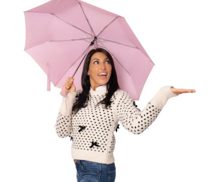 Portrait of a smiling beautiful woman holding umbrella and looking up isolated over transparent background. PNG transparent. - Powered by Adobe