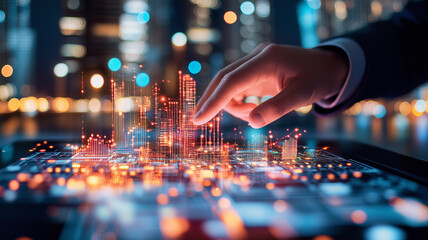 hand interacting with digital interface displaying glowing data visualizations and city skyline elements, symbolizing technology and innovation