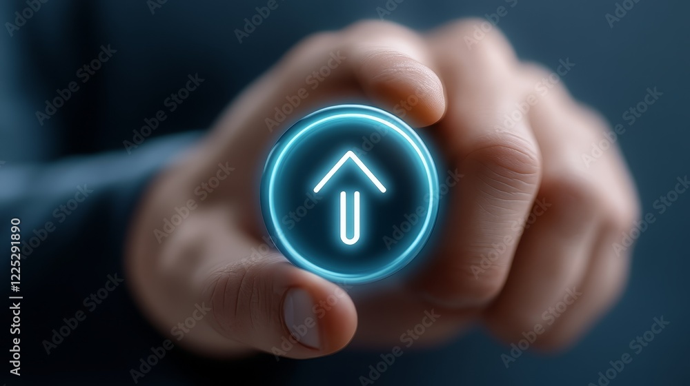 Poster closeup of hand activating a circular button with an arrow symbol