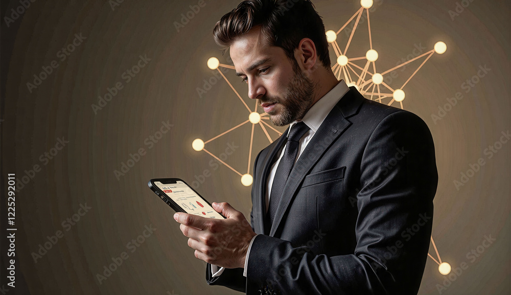Poster a man in a suit is looking at a cell phone. concept of modernity and technology, as the man is using