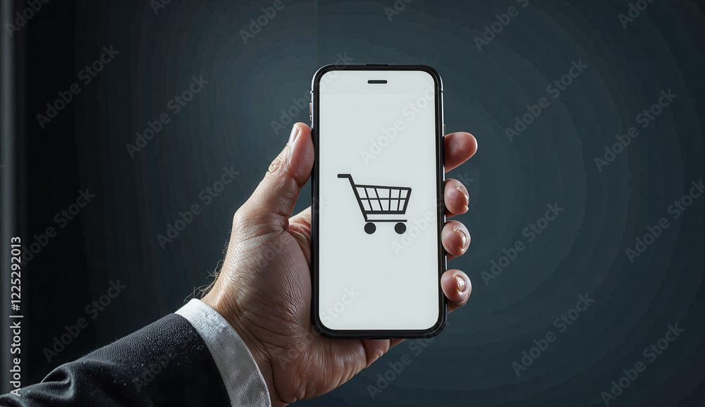 Poster a man is holding a cell phone with a shopping cart icon on it. concept of shopping and the convenien
