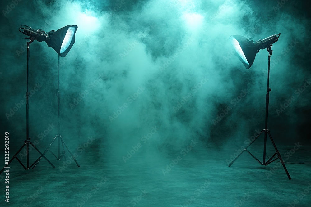 Aufkleber studio lighting setup with two spotlights and dense smoke creating a moody atmosphere