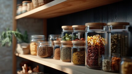 A neatly organized pantry with labeled jars and baskets.