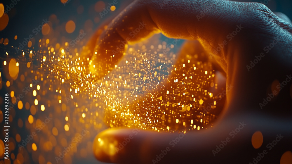 Poster closeup of hand creating magical effect with glowing particles, showcasing sense of wonder and creat