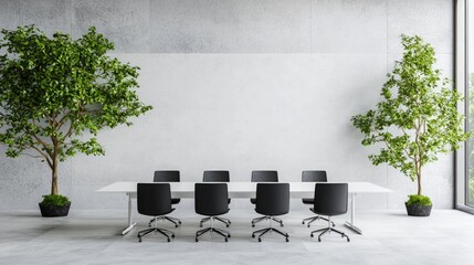 Modern conference room, plants, large window, meeting. Business presentation background