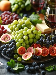 Fresh fruit and wine arrangement on dark surface with grapes figs and cheese for celebration
