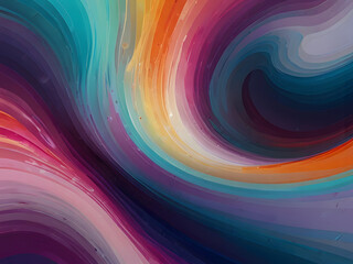 Image is a digital abstract artwork featuring a dynamic swirl of vibrant colors. The composition includes flowing waves of blue, purple, pink, and orange hues, creating a sense of movement