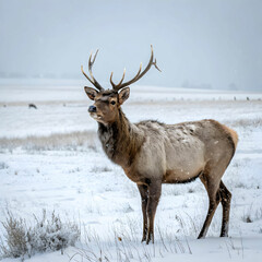 Obraz premium endearing wapiti deer in a snowy field