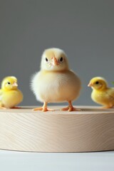Naklejka premium small fluffy chickens on wooden podium, minimalistic, authentic