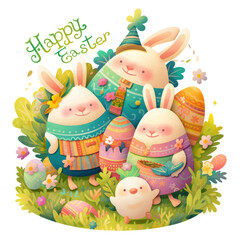 Fototapeta premium Vibrant Easter Greetings: Festive Text Design with Egg and Bunny Decorations on Transparent Background
