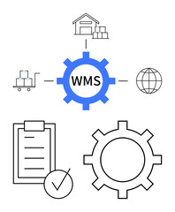Gear with WMS label linked to warehouse, trolley, checklist, globe, arrows. Ideal for logistics, warehouse automation, inventory control, supply chain production flow digital solutions abstract