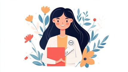 Cheerful Young Woman Surrounded by Floral Elements in Digital