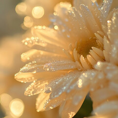 Morning dew glistens on delicate yellow flowers in soft sunlight during early hours of spring