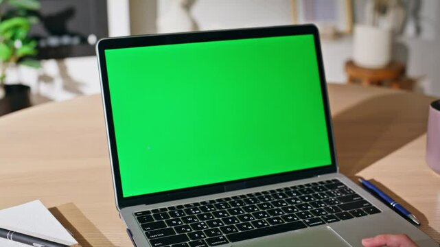 Online student studying chroma key laptop browsing webinar home closeup. 