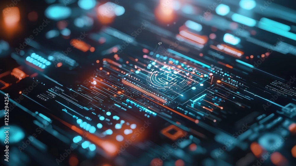 Poster futuristic circuit board texture with glowing data connections and microchips