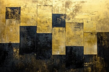 Abstract artwork featuring gold and black geometric shapes, ideal for modern decor, corporate settings, or contemporary art in homes and offices. Art, design, and aesthetics.