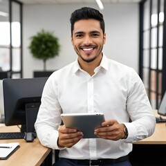 Un nuevo empleado hispano en una oficina, sosteniendo una tableta mientras trabaja. Tiene una expresión apasionada y alegre, sonriendo mientras mira la tableta. Lleva una camisa blanca de manga larga.