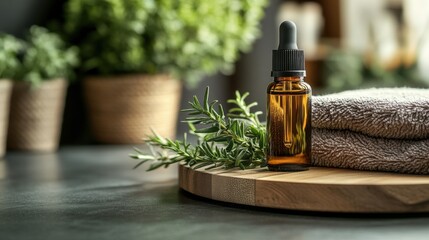 Essential oil bottle with fresh herbs and towels in a relaxing spa environment