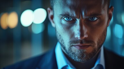 Portrait focused business man raising head to camera in blurred interior. Closeup serious man face looking down indoors. Attractive top manager thinking in dark background.