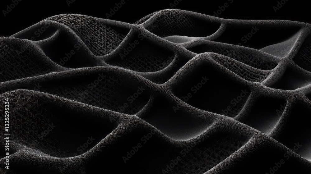 Poster a black background with undulating, organic shapes made of mesh material. the fabric is dark gray an