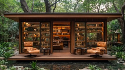 Serene Library Cabin in Lush Greenery: Tranquil Escape and Architectural Design Marvel