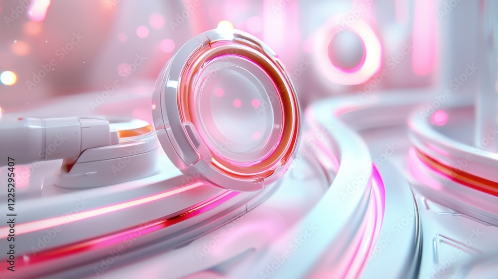 Poster futuristic abstract circular metallic shapes in motion with vibrant gradient lights and reflections
