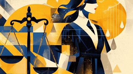 An abstract depiction of justice symbolism, designed with a minimalist and surreal approach. Use bold shapes and gentle color transitions to represent the ideals of equality