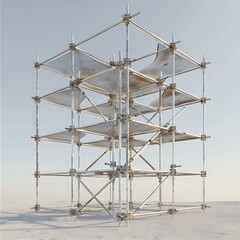 Towering Metal Structure Ascends in Barren Terrain with Fabric Sheets in a Minimalist Sky