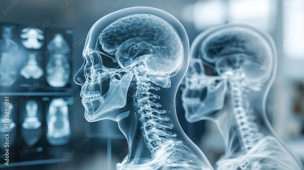 Poster x ray scan of a transparent skull revealing the intricate brain structure