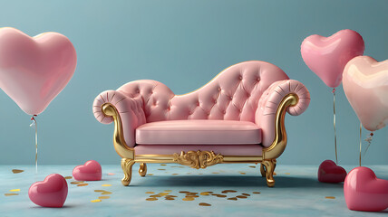 a pastel pink chaise lounge with a golden frame, surrounded by floating heart-shaped balloons in soft pastel tones, on a light sky blue background
