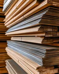 Stacked Lumber Sheets in a Warehouse Displaying Various Wood Types and Finishes for Construction Use