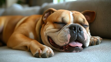 A relaxed bulldog lies on a comfortable couch, enjoying a peaceful nap in a warm and inviting living room filled with natural light and soft decor