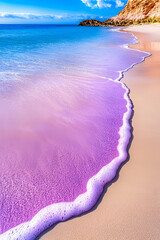 Obraz premium A tranquil beach scene featuring gentle waves lapping at a pink-hued shoreline under a bright blue sky.