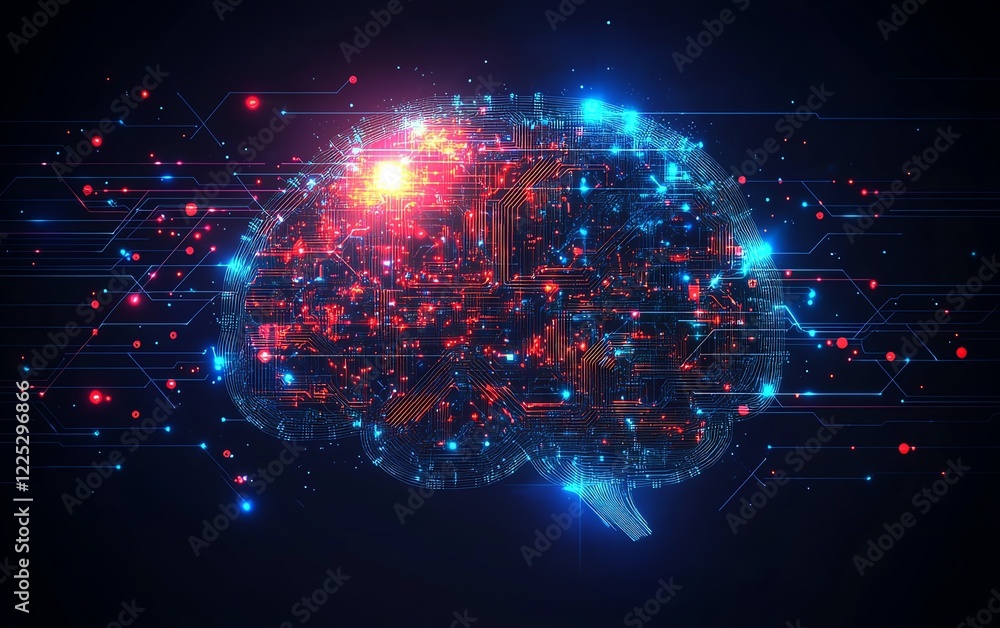 Poster artificial intelligence brain with glowing neural circuits