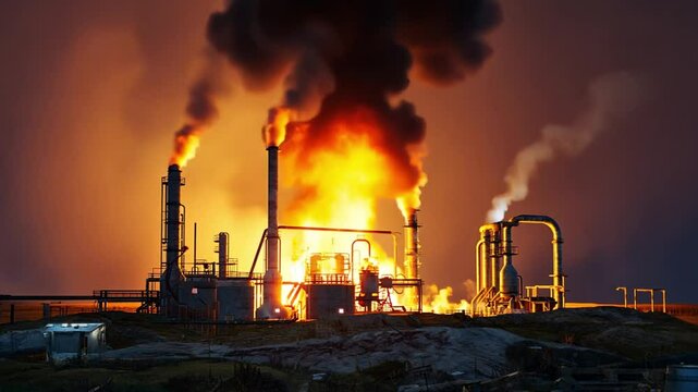 A sequence showing the explosion starting from an underground oil pipeline rupture and traveling up to cause the refinery fire