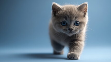 Gray kitten walking towards the viewer on a light blue background with soft lighting