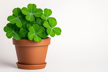Fototapeta premium Isolated Small Pot of Bright Green Clover Leaves - Ideal for St. Patrick's Day Celebrations and Nature-themed Designs