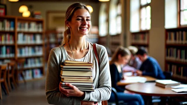 Smiling woman in gray sweater holds a stack of books in a library; students studying in the background; warm lighting
