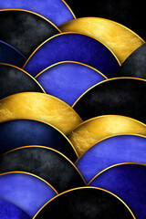 Fototapeta premium A vibrant pattern featuring interlocking blue, gold, and black waves, creating a dynamic and elegant design.
