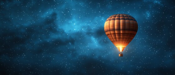 Obraz premium Hot air balloon floating in a deep blue night sky, starry background, glowing light effects, mixed media artwork, generative AI design, ultradetailed, 8K resolution