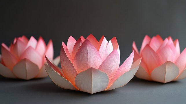 Three delicate paper lotus flowers in soft pink tones on a dark gray background studio shot - Powered by Adobe