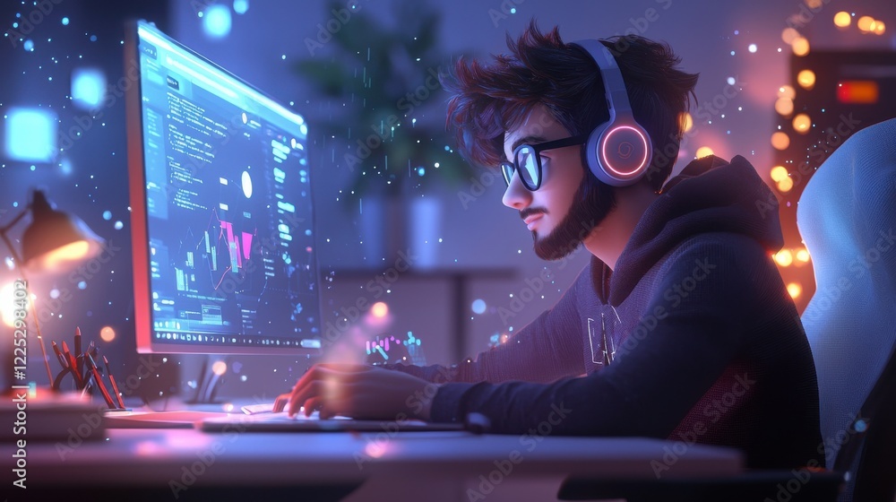 Poster focused programmer working late at night in futuristic workspace