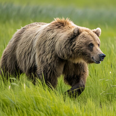 Obraz premium rough brown bear male approaching on meadow