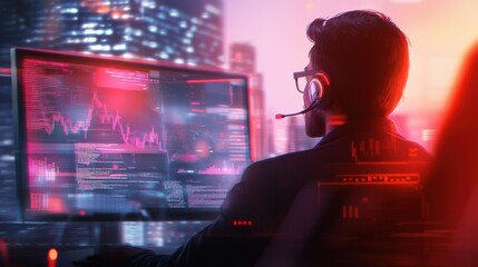 Male Trader Analyzing Financial Data in Futuristic Office with Neon Lighting