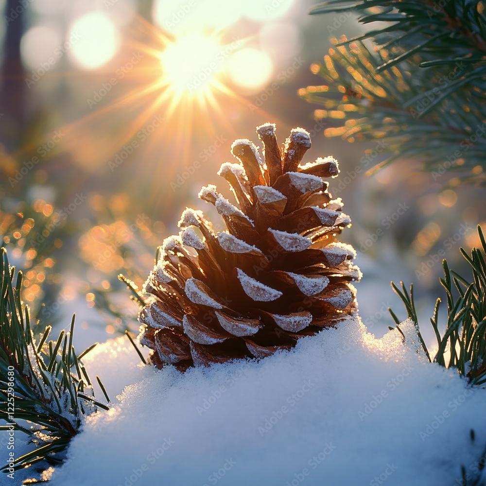 Poster pine cone in snow with bright sunlight creating a warm glow in a winter forest scene
