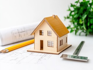 Architecture paper blueprint and scale wooden model house. Model house on blueprints with tools, symbolizing design and construction in architecture.