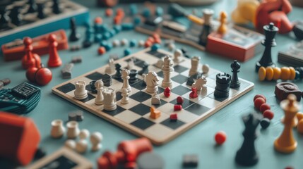 A table filled with classic board games like chess, checkers, and Scrabble