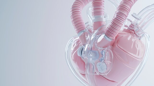 Transparent heart model with tubes illustrating anatomy and medical science in a clean, modern design