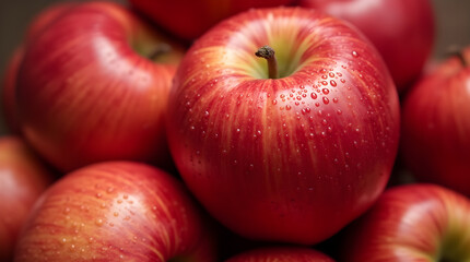 A heap of fresh, red apples with water droplets on their smooth skin, showcasing their crisp texture and natural shine. Ideal for food, health, and nutrition-themed visuals.