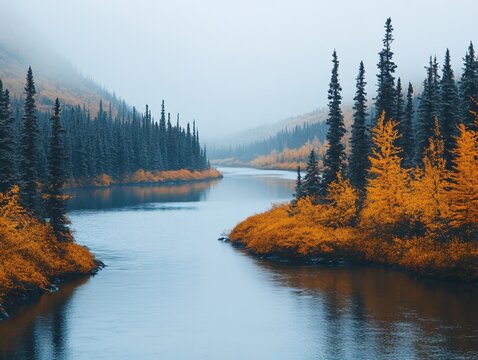 Autumn river with orange foliage and misty forest in a serene landscape nature scene